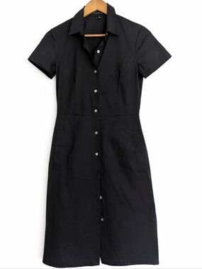 Theory Black Shirt Dress Size 2 Lightweight Cotton Blend Button Front Mini Dress